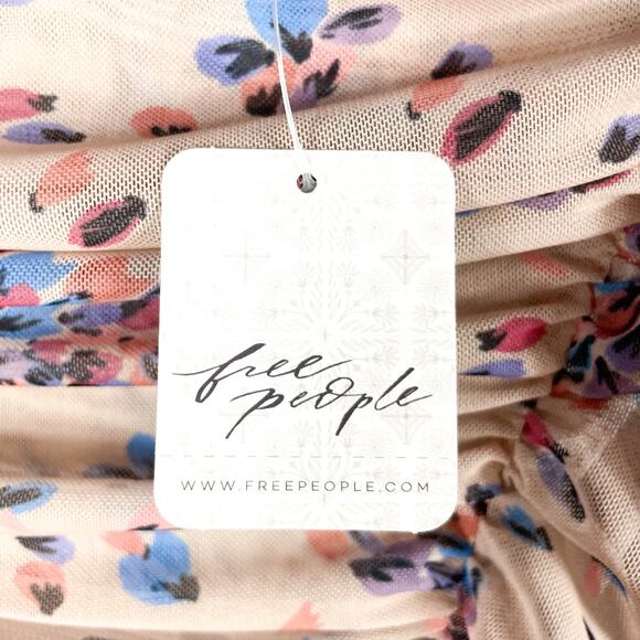 Free People Briella Dress Ruched Midi Tea Combo Floral Side Slit Puff Sleeve M - Picture 12 of 15